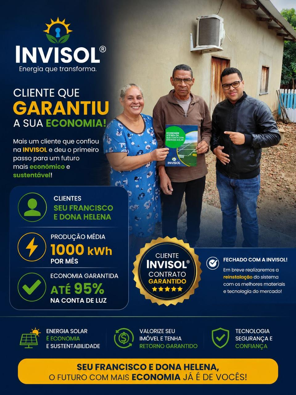 Cliente InviSol Seu Francisco e Dona Helena com economia de 1.000 kWh/mês