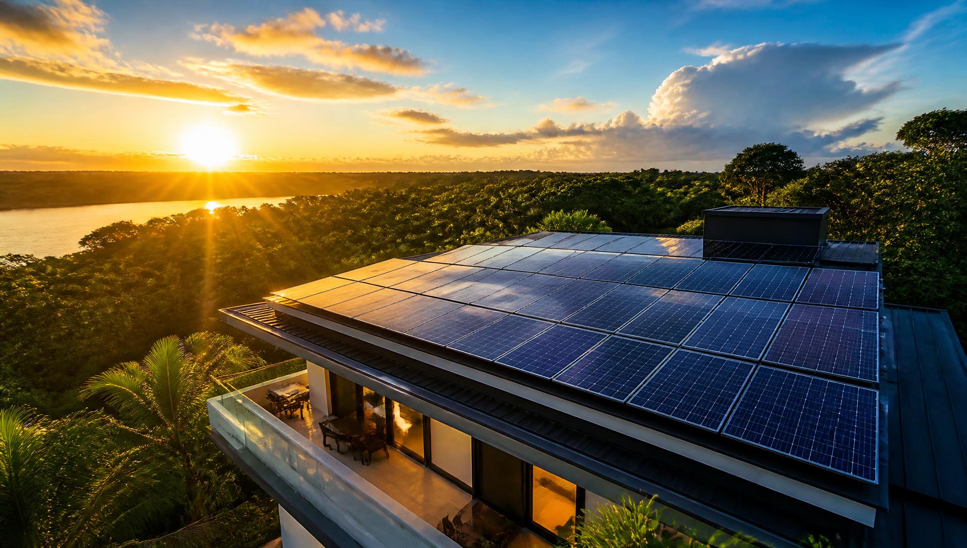 Casa moderna com telhado coberto por painéis solares da InviSol ao pôr do sol, cercada pela floresta amazônica